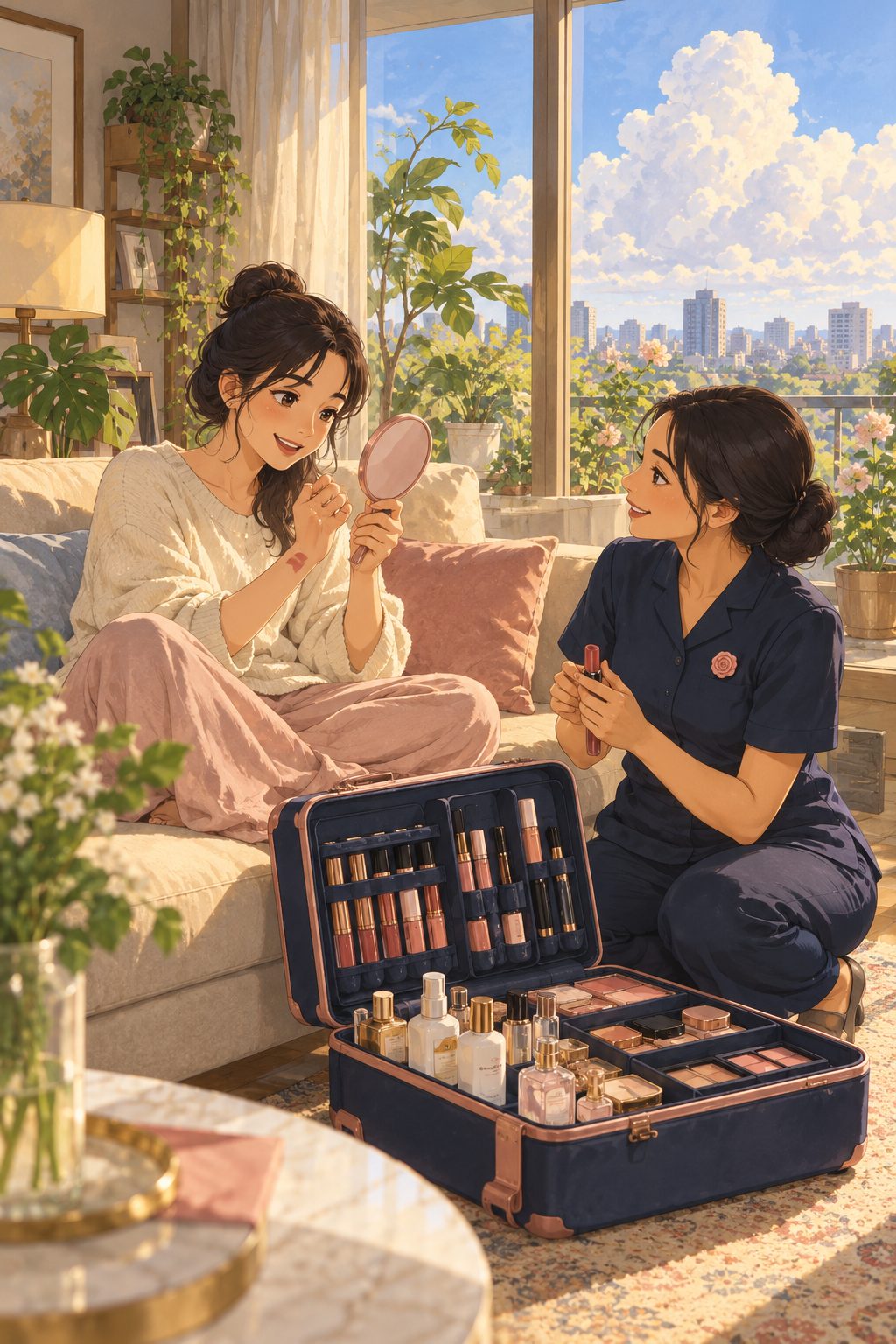 A Tamiko expert helping someone try beauty products in a sunlit living room