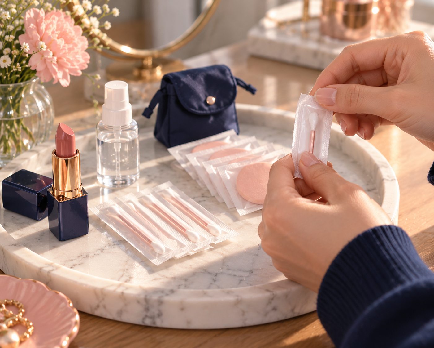Sealed single-use applicators being opened beside a tester