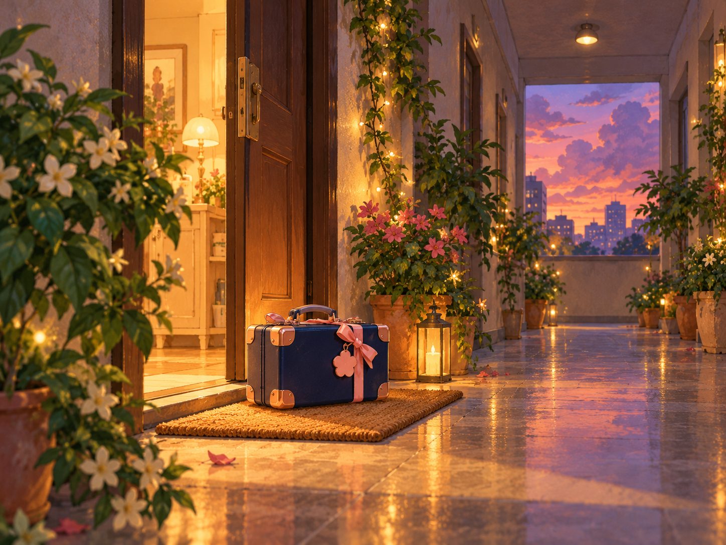 An open front door glowing with warm light and a beauty kit on the step
